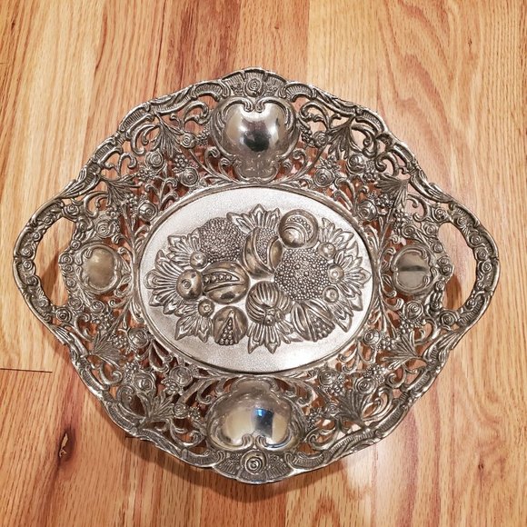 Mid-Century Vintage Handmade Nickel Bowl Raised Vegetable Design and Handles - Picture 1 of 9